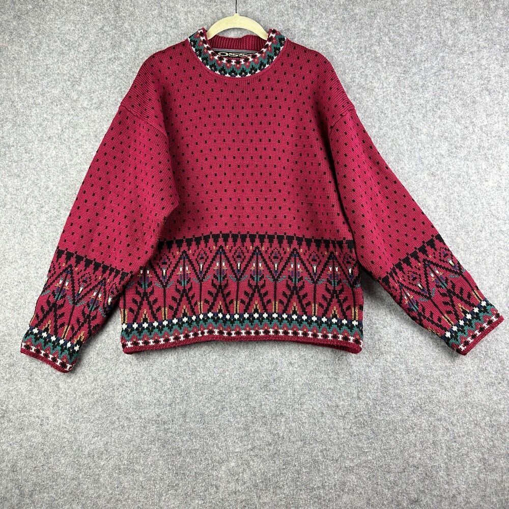 Vintage OSSI Skiwear Sweater Womens Med Floral Dot Wool Blend Knit Pullover 90s
